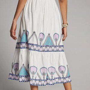 Anthropologie White and Blue Embroidered Midi Skirt